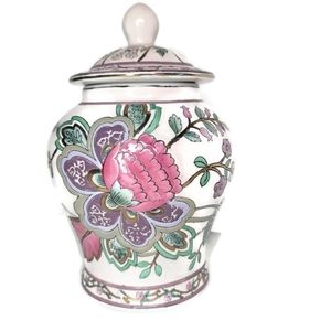 Floral porcelain ginger jar cookie jar vase decor with lid. 10" tall with lid.